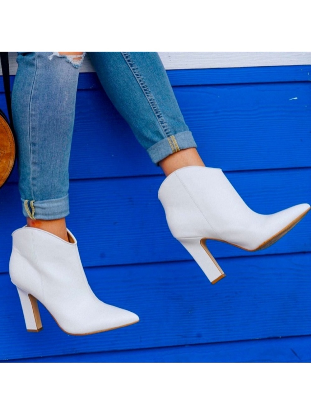 Marc Fisher Miggi Pointed Toe White Leather Ankle Boots